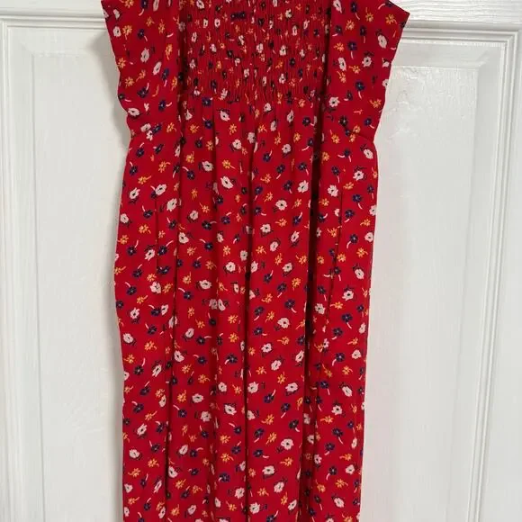 Madewell Women's Red Floral Smocked Wide Leg with Pockets Jumpsuit Size 00 - Picture 3 of 16